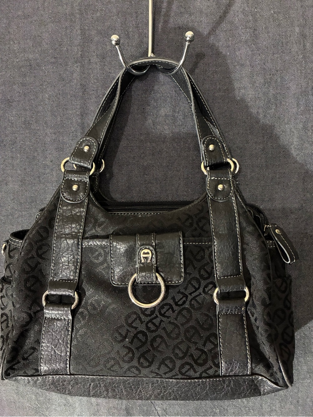 Etienne Aigner Black Logo-Print Shoulder Bag with Silver Hardware